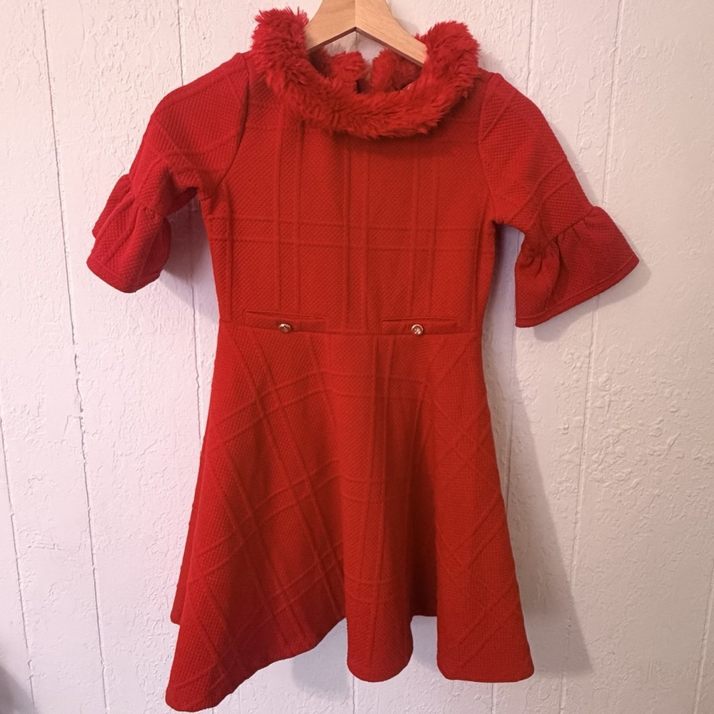 Janie and Jack Red Dress Faux Fur Collar Gold Buttons Size 8